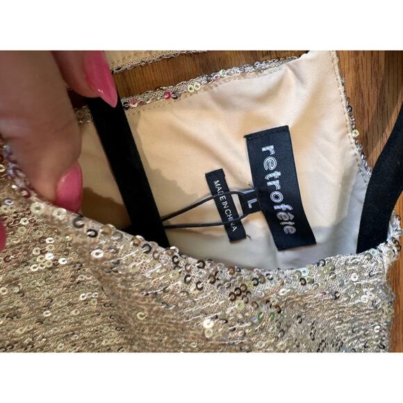 RETROFÊTE Gold Flynn ruched sequined tulle mini dress size L - Picture 13 of 15